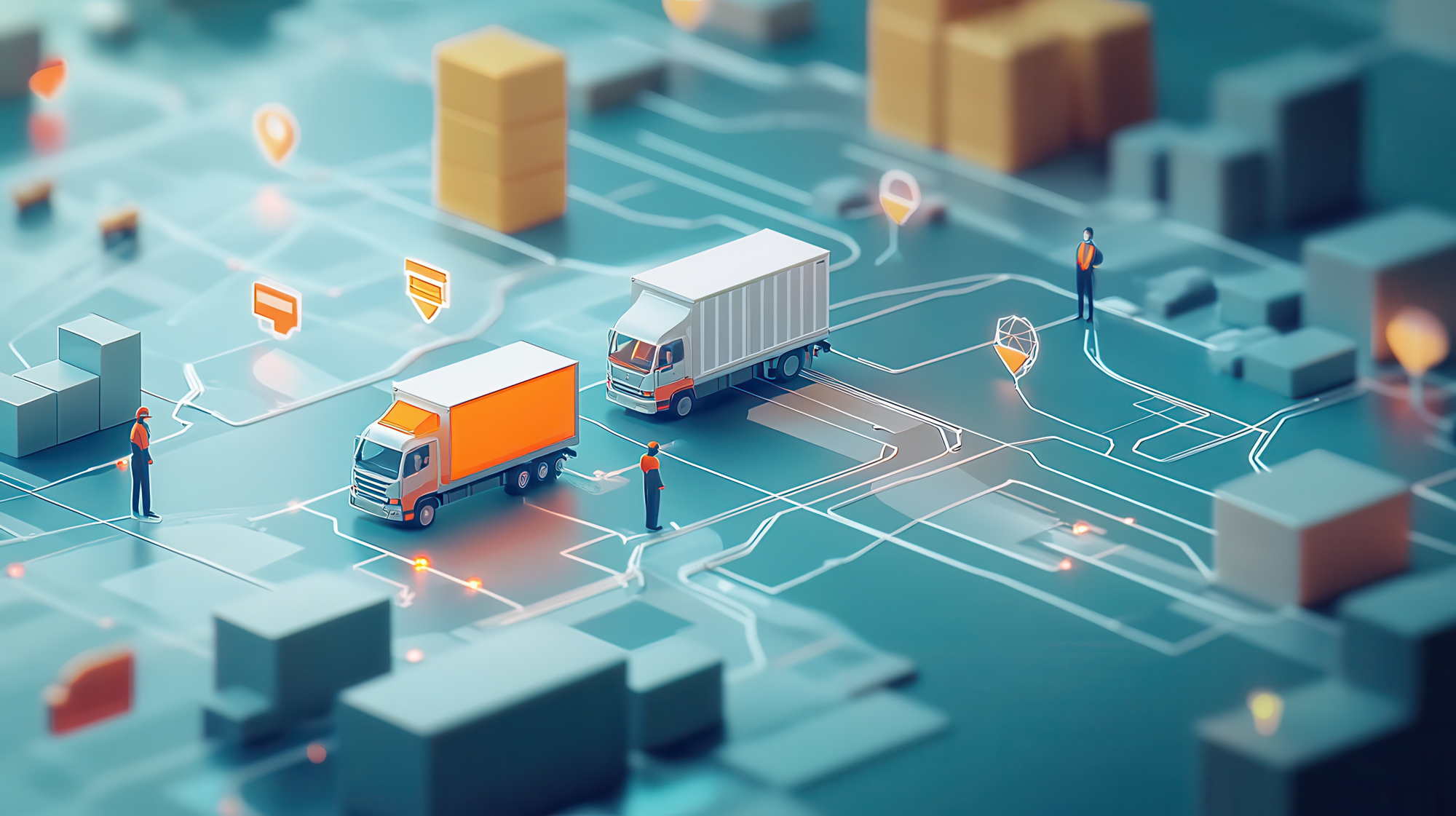 Graafinen miniatyyrihavainnekuva logistiikkaympäristöstä, jossa esitetään teollisen toimitusketjun elementtejä pienoiskoossa.