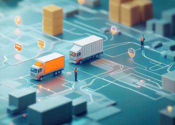 Graafinen miniatyyrihavainnekuva logistiikkaympäristöstä, jossa esitetään teollisen toimitusketjun elementtejä pienoiskoossa.