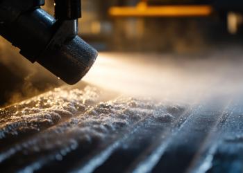 Lähikuva raepuhallussuuttimesta, josta virtaa abrasiivia metallilevyn pinnalle, luoden karhennettua tekstuuria teollisessa pintakäsittelyprosessissa.